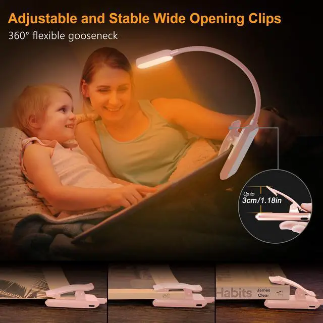 Alt view image 5 of 7 - 16 LED Rechargeable Book Light for Reading in Bed | Eye Caring 3 Color Temperatures, Stepless Dimming Brightness, 80 Hrs Runtime, Lightweight Flexible Clip on Light-Pink