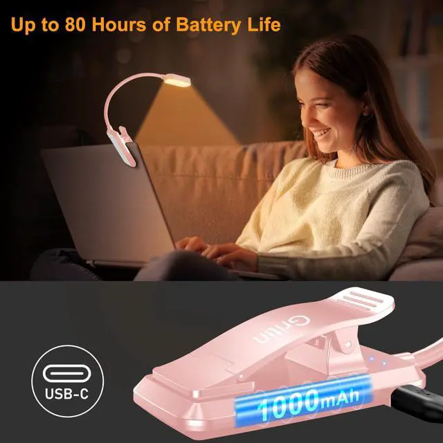 Alt view image 6 of 7 - 16 LED Rechargeable Book Light for Reading in Bed | Eye Caring 3 Color Temperatures, Stepless Dimming Brightness, 80 Hrs Runtime, Lightweight Flexible Clip on Light-Pink