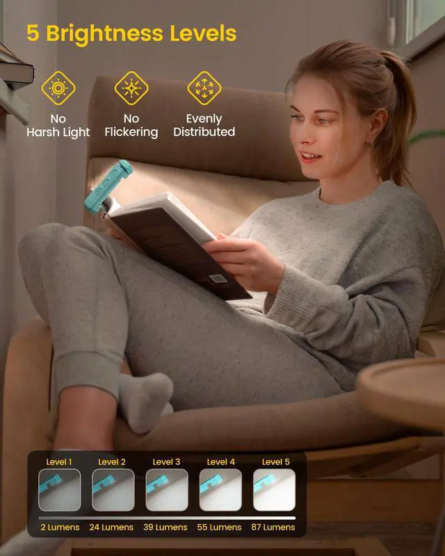 Alt view image 3 of 7 - USB Rechargeable Book Light for Reading in Bed, LED Reading Light | Up to 160 Hrs,3 Amber Colors & 5 Brightness Dimmable, Compact &Long Lasting, Eye-Caring,Women Book Lovers Gifts, Christmas