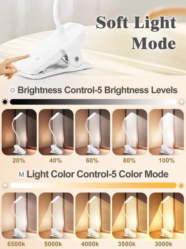 Alt view image 2 of 7 - Eye Caring Clip on LED Bed Light 5 Color 5 Brightness Rechargeable Wireless | Flexible Neck Desk Lamp for College Dorm Essentials Reading