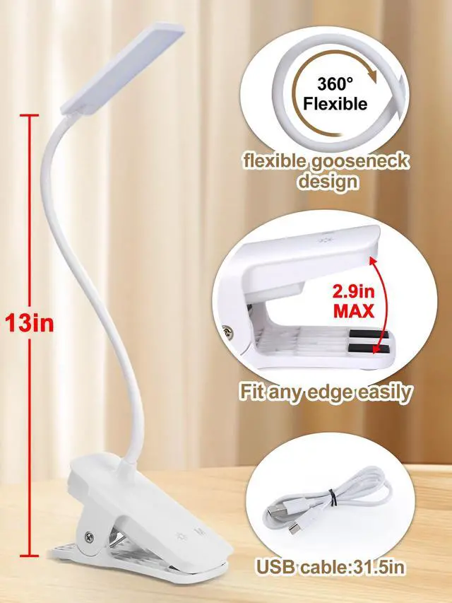 Alt view image 5 of 7 - Eye Caring Clip on LED Bed Light 5 Color 5 Brightness Rechargeable Wireless | Flexible Neck Desk Lamp for College Dorm Essentials Reading