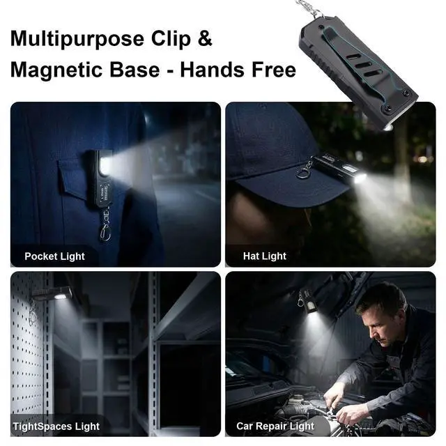Alt view image 3 of 6 - 3-Pack Bright Rechargeable Keychain Flashlight with Clip & Magnetic Base, Mini LED Key Ring Light, Small, Flat, Portable, Dual-Head, Tiny Pocket Torch for Work, Purse, Micro EDC