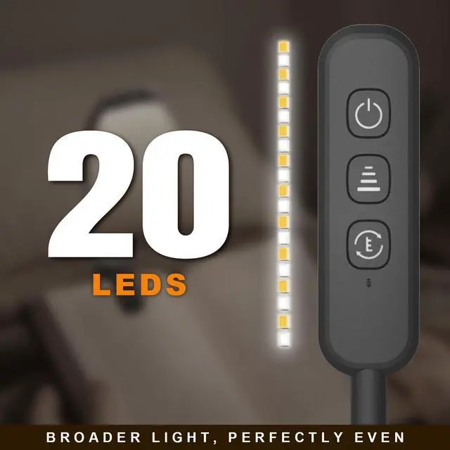 Alt view image 2 of 7 - Rechargeable 20 LED Book Light for Reading in Bed | Energy Saving with Extended 60Hrs Runtime, 15-Level Stepless Dimming, Flexible Lightweight Clip on Light for Studying, Travel, Black