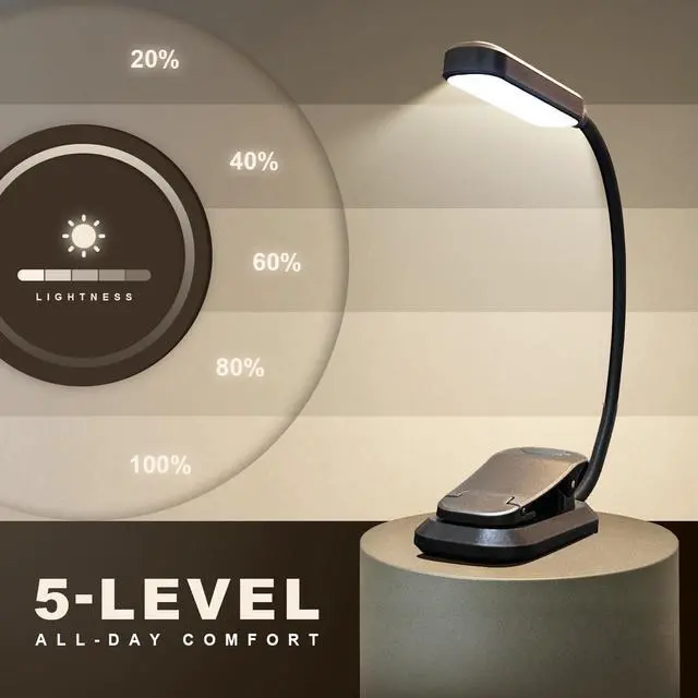 Alt view image 3 of 7 - Rechargeable 20 LED Book Light for Reading in Bed | Energy Saving with Extended 60Hrs Runtime, 15-Level Stepless Dimming, Flexible Lightweight Clip on Light for Studying, Travel, Black