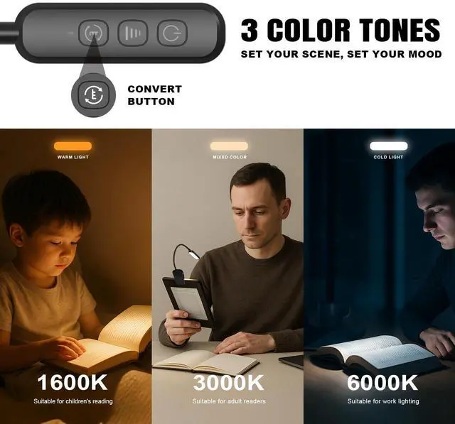 Alt view image 7 of 7 - Rechargeable 20 LED Book Light for Reading in Bed | Energy Saving with Extended 60Hrs Runtime, 15-Level Stepless Dimming, Flexible Lightweight Clip on Light for Studying, Travel, Black