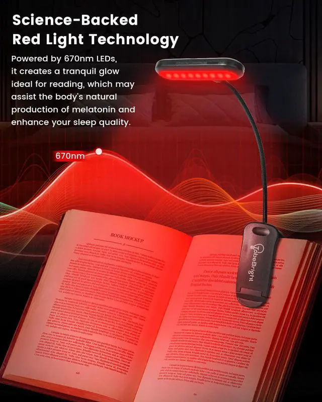 Alt view image 2 of 7 - 670nm Red Light Book Light LED Rechargeable USB-C Clip On Book Lights for Reading at Night, 100% No Blue-Light Eye Care Book Lamp 360° Flexible, Gift for Kids, Travel, Learning
