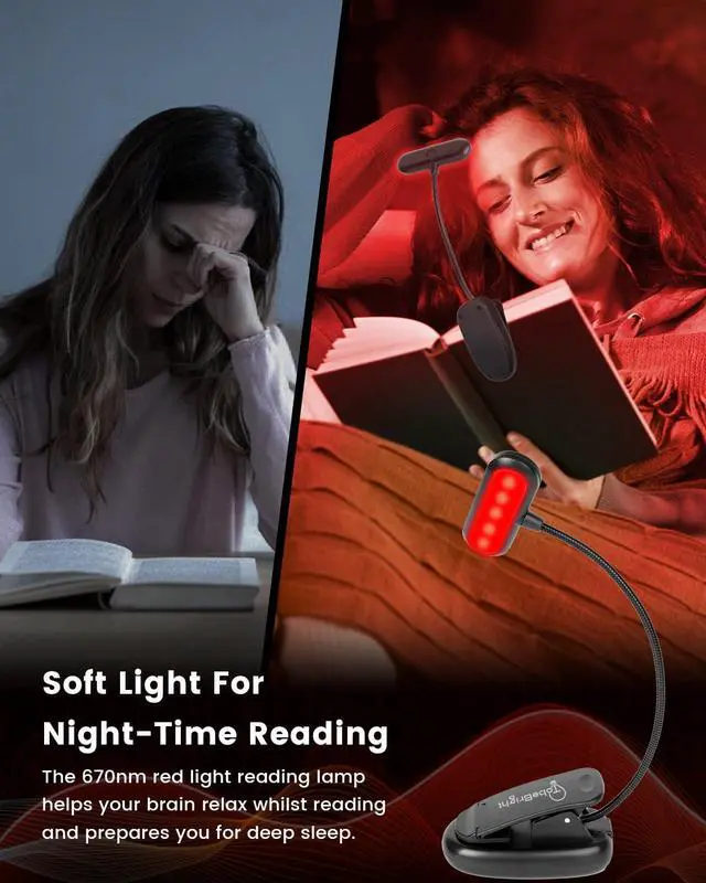 Alt view image 4 of 7 - 670nm Red Light Book Light LED Rechargeable USB-C Clip On Book Lights for Reading at Night, 100% No Blue-Light Eye Care Book Lamp 360° Flexible, Gift for Kids, Travel, Learning