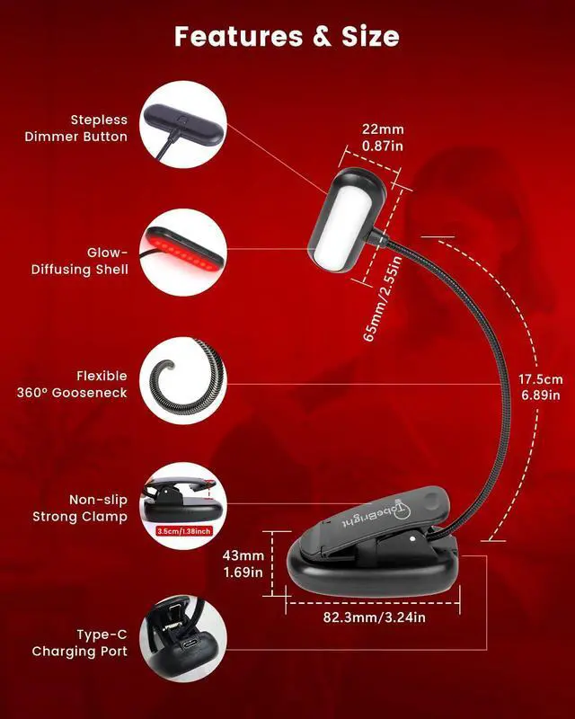 Alt view image 5 of 7 - 670nm Red Light Book Light LED Rechargeable USB-C Clip On Book Lights for Reading at Night, 100% No Blue-Light Eye Care Book Lamp 360° Flexible, Gift for Kids, Travel, Learning