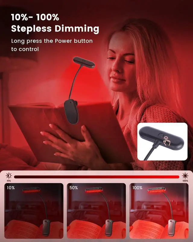 Alt view image 6 of 7 - 670nm Red Light Book Light LED Rechargeable USB-C Clip On Book Lights for Reading at Night, 100% No Blue-Light Eye Care Book Lamp 360° Flexible, Gift for Kids, Travel, Learning