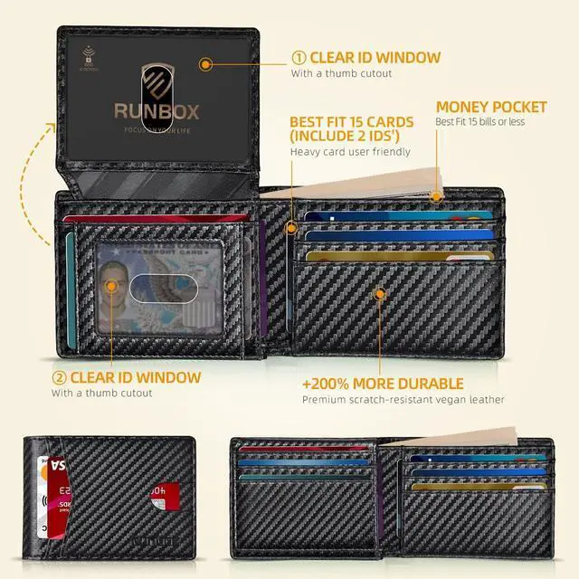 Alt view image 2 of 7 - Wallet for Men Slim Leather Bifold RFID Blocking with 2 ID Windows | Minimalist Front Pocket Design, Holds 15 Cards, Large Capacity with Cash Pocket,Compact and Thin, Birthday Gifts for Men