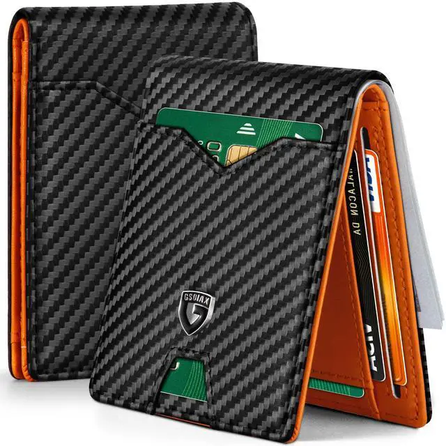 Main image of Slim Wallet for Men Rfid Blocking Leather Bifold Front Pocket Carbon Fiber Men's Money Clips Credit Card Holder With Gift Box