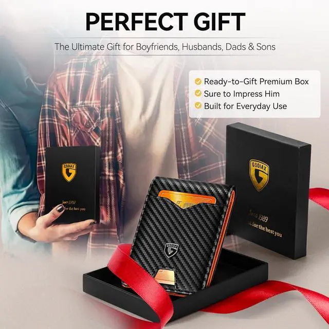 Alt view image 5 of 7 - Slim Wallet for Men Rfid Blocking Leather Bifold Front Pocket Carbon Fiber Men's Money Clips Credit Card Holder With Gift Box