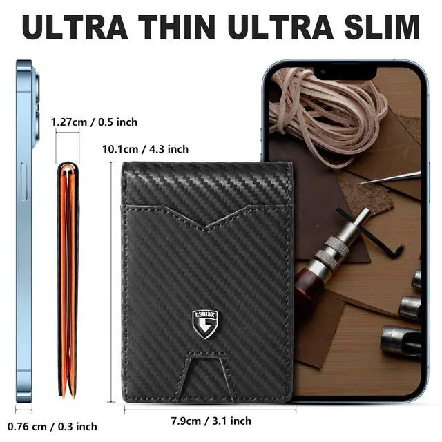 Alt view image 6 of 7 - Slim Wallet for Men Rfid Blocking Leather Bifold Front Pocket Carbon Fiber Men's Money Clips Credit Card Holder With Gift Box