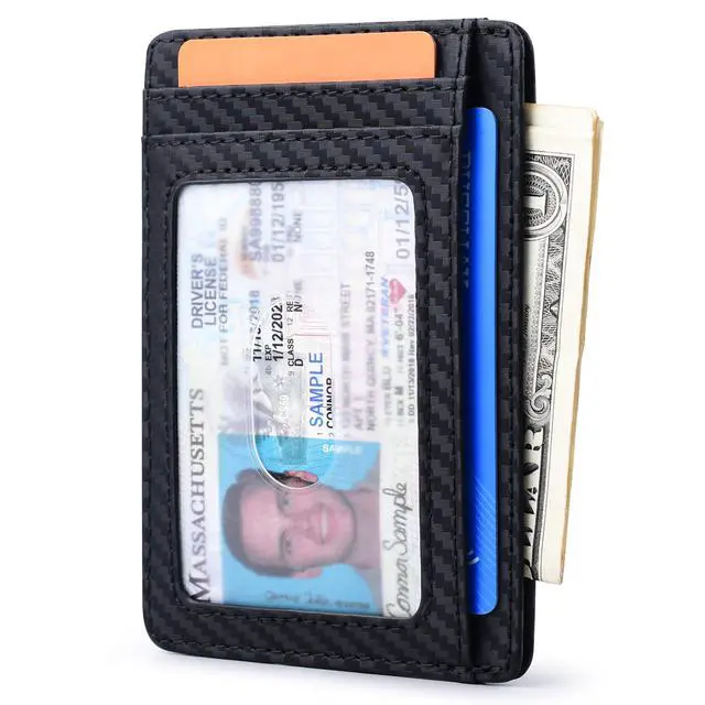 Alt view image 2 of 7 - Slim Minimalist Front Pocket RFID Blocking Leather Wallets for Men and Women - Carbon Fiber Black