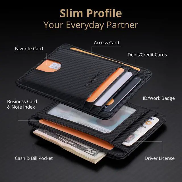 Alt view image 3 of 7 - Slim Minimalist Front Pocket RFID Blocking Leather Wallets for Men and Women - Carbon Fiber Black