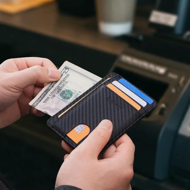 Alt view image 5 of 7 - Slim Minimalist Front Pocket RFID Blocking Leather Wallets for Men and Women - Carbon Fiber Black