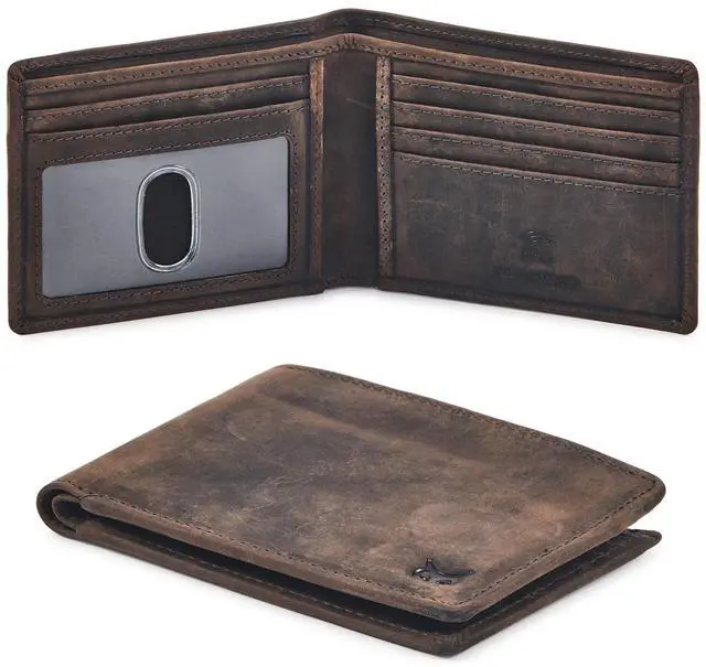 Main image of Real Leather Mens Bifold Wallet RFID Blocking Slim Minimalist Front Pocket - Thin & Stylish with ID Window in Gift Box (Crazy Horse, Coffee)