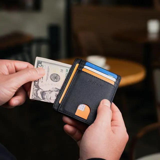 Alt view image 6 of 7 - Slim Minimalist Front Pocket RFID Blocking Leather Wallets for Men and Women - Cross Black