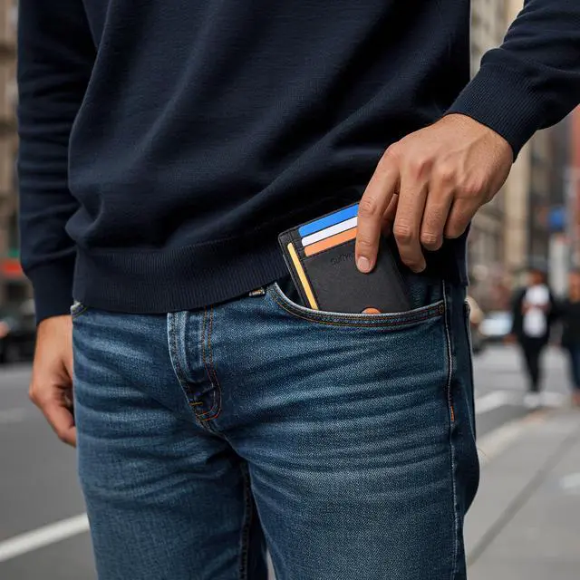 Alt view image 7 of 7 - Slim Minimalist Front Pocket RFID Blocking Leather Wallets for Men and Women - Cross Black