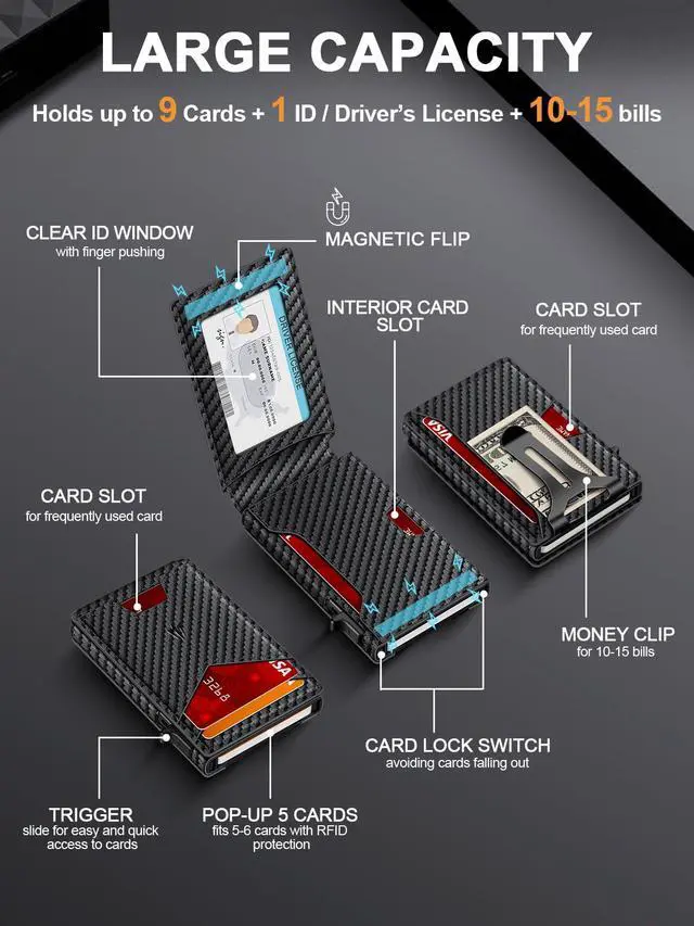 Alt view image 2 of 7 - Wallet for Men, Slim Minimalist Wallet with Money Clip ID Window, RFID Blocking Pop Up Credit Card Holder, Smart Aluminum Mens Wallet Holds 9-13 Cards, Front Pocket Bifold, Birthday Gifts for Men