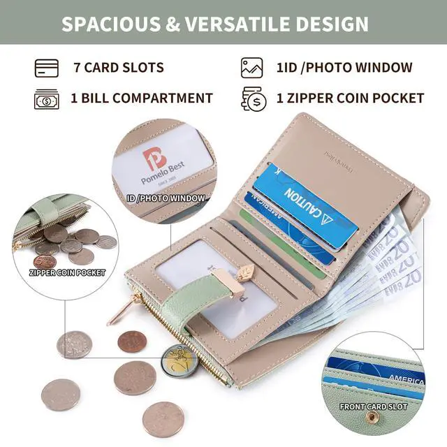 Alt view image 4 of 7 - Small Wallet Women RFID Blocking Bifold Soft Leather Card Holder with ID Window Zipper Coin Pocket Wallets for Women Green
