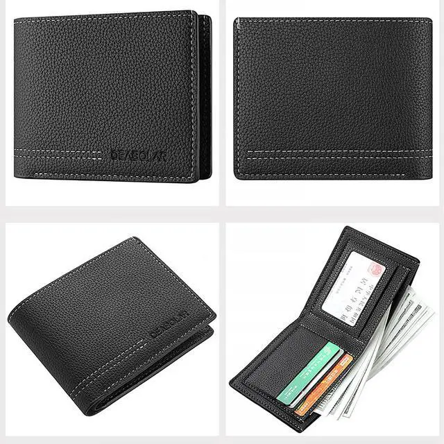 Alt view image 2 of 7 - Men Wallet Black PU Material 4 Card Holder 2 Money Pockets 1 Clear Window Suitable for Gifts without RFID Slim Small for Traveling