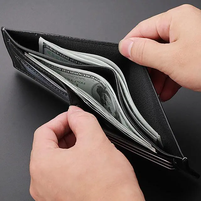 Alt view image 4 of 7 - Men Wallet Black PU Material 4 Card Holder 2 Money Pockets 1 Clear Window Suitable for Gifts without RFID Slim Small for Traveling