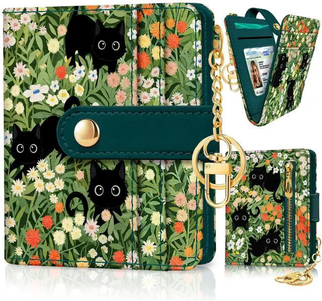 Main image of Black Cat Floral Rfid Women Wallet, Small Slim Credit Card Holder | Thin, PU Leather Bifold, Cash Zipper Coin Pocket, ID Window, For Female Ladies Teen Girls Girly, Down Size