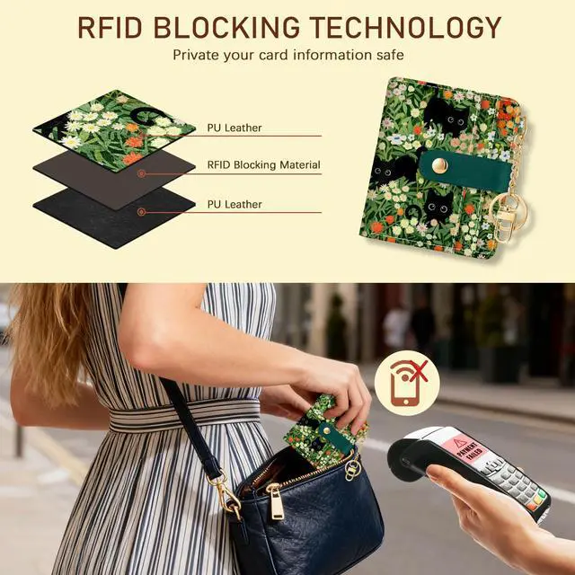 Alt view image 3 of 7 - Black Cat Floral Rfid Women Wallet, Small Slim Credit Card Holder | Thin, PU Leather Bifold, Cash Zipper Coin Pocket, ID Window, For Female Ladies Teen Girls Girly, Down Size
