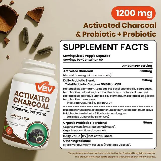 Alt view image 2 of 7 - Activated Charcoal with Organic Coconut Shell Charcoal & 50 Billion Probiotics 120 Vegan Capsules for Digestive Wellness & Dietary Support