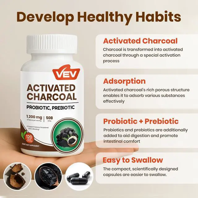 Alt view image 3 of 7 - Activated Charcoal with Organic Coconut Shell Charcoal & 50 Billion Probiotics 120 Vegan Capsules for Digestive Wellness & Dietary Support