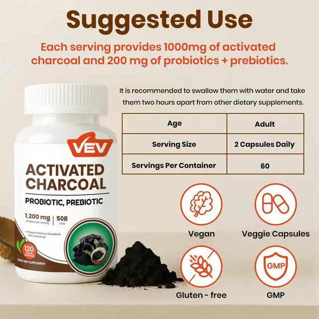 Alt view image 6 of 7 - Activated Charcoal with Organic Coconut Shell Charcoal & 50 Billion Probiotics 120 Vegan Capsules for Digestive Wellness & Dietary Support