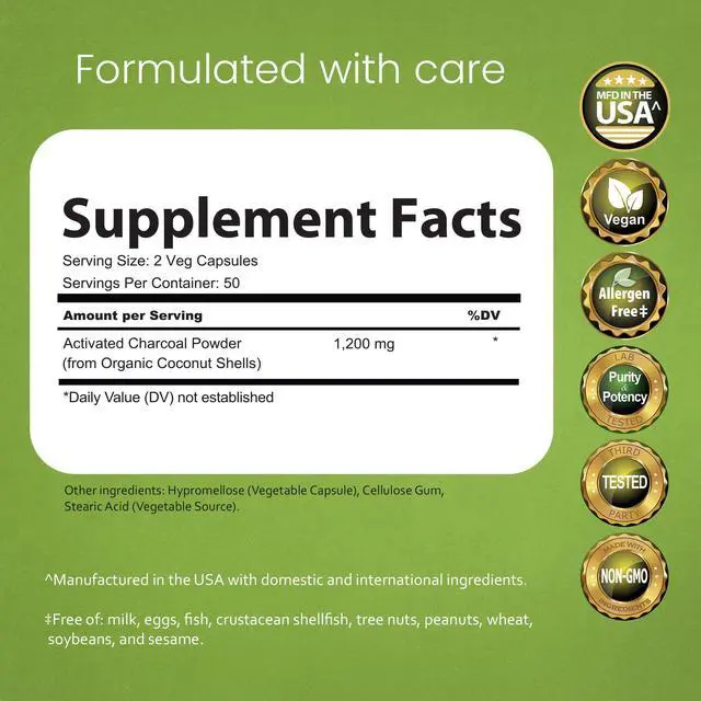 Alt view image 2 of 7 - Activated Charcoal 1200 mg per Serving from Coconut Shells 100 Veg Capsules Non-GMO, Gluten-Free, Vegan