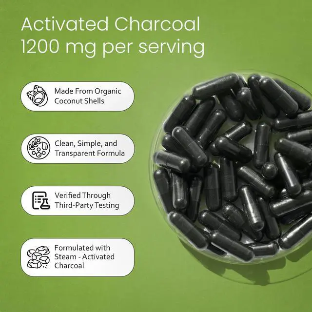 Alt view image 3 of 7 - Activated Charcoal 1200 mg per Serving from Coconut Shells 100 Veg Capsules Non-GMO, Gluten-Free, Vegan