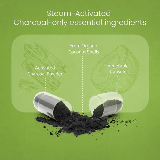 Alt view image 4 of 7 - Activated Charcoal 1200 mg per Serving from Coconut Shells 100 Veg Capsules Non-GMO, Gluten-Free, Vegan