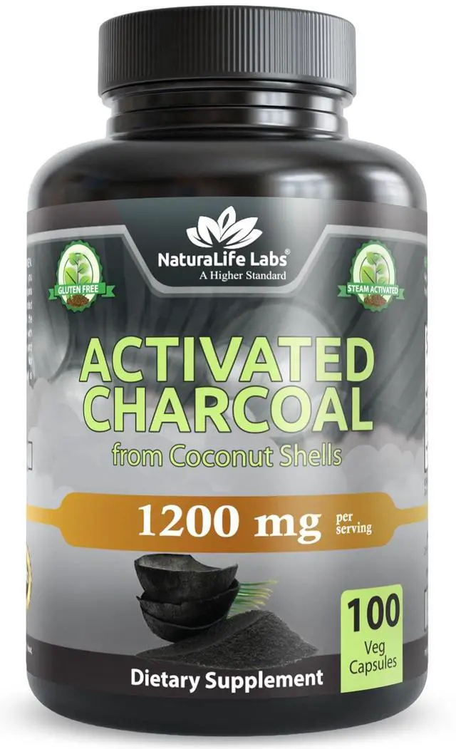 Main image of Activated Charcoal 1200 mg per Serving from Coconut Shells 100 Veg Capsules Non-GMO, Gluten-Free, Vegan