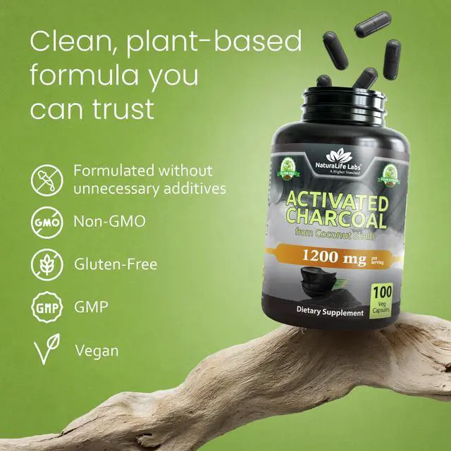 Alt view image 6 of 7 - Activated Charcoal 1200 mg per Serving from Coconut Shells 100 Veg Capsules Non-GMO, Gluten-Free, Vegan