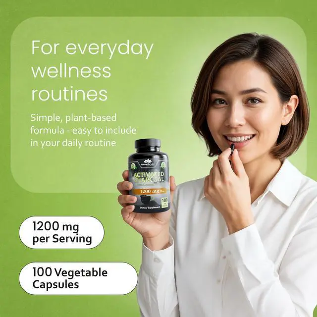 Alt view image 5 of 7 - Activated Charcoal 1200 mg per Serving from Coconut Shells 100 Veg Capsules Non-GMO, Gluten-Free, Vegan