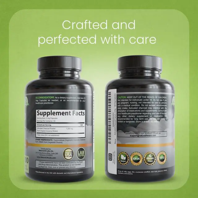 Alt view image 7 of 7 - Activated Charcoal 1200 mg per Serving from Coconut Shells 100 Veg Capsules Non-GMO, Gluten-Free, Vegan