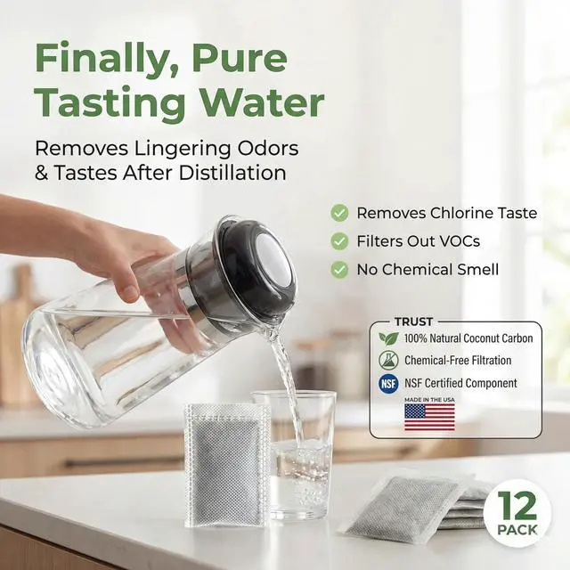 Alt view image 7 of 7 - Distiller Filters Activated Charcoal Carbon Sachets (Made in USA) Odor & VOC Absorbing, Compatible with Megahome & Countertop Water Distillers, Coconut Shell Carbon (12 Pack).