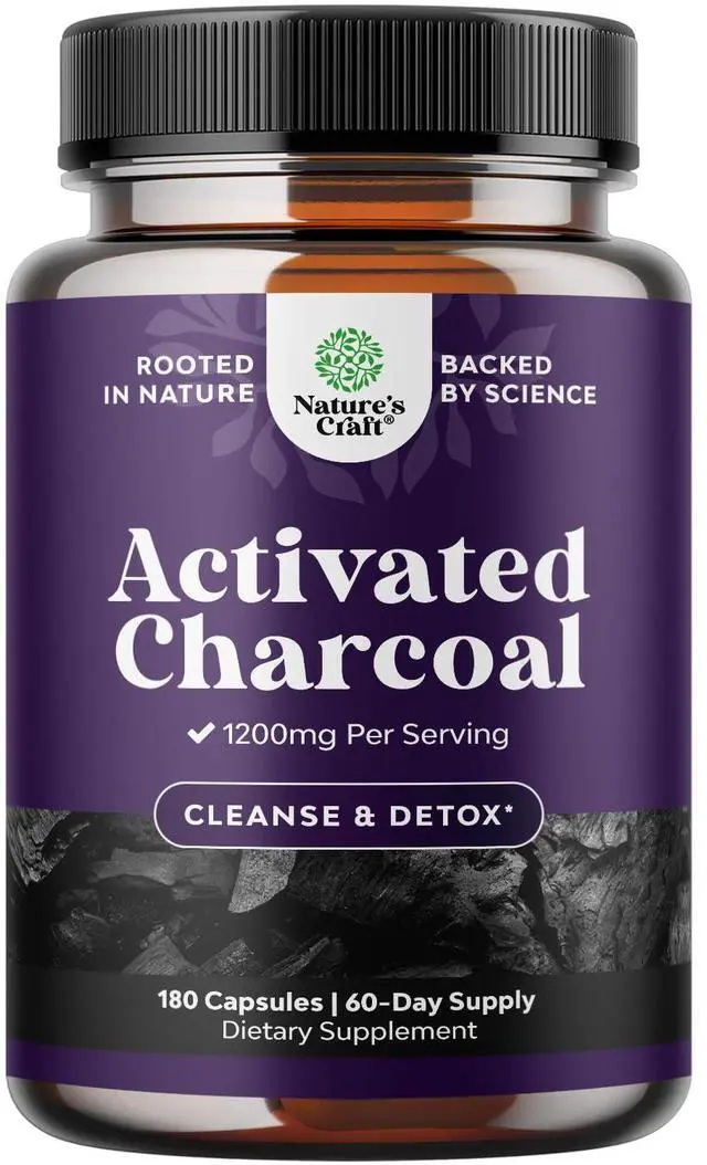 Main image of Activated Charcoal Capsules 1200mg - Coconut Charcoal Pills Stomach - 180ct | Activated charcoal powder in capsules / tablets (carbon activado), 1200mg / serving - digestive comfort & healthy gut