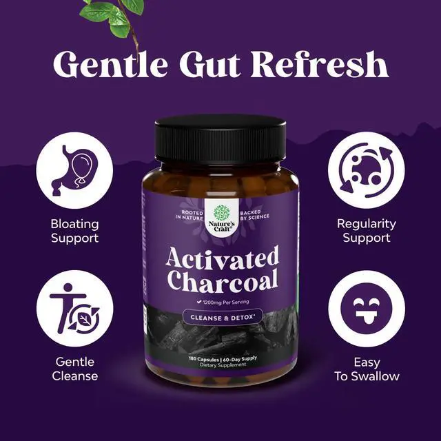 Alt view image 2 of 7 - Activated Charcoal Capsules 1200mg - Coconut Charcoal Pills Stomach - 180ct | Activated charcoal powder in capsules / tablets (carbon activado), 1200mg / serving - digestive comfort & healthy gut