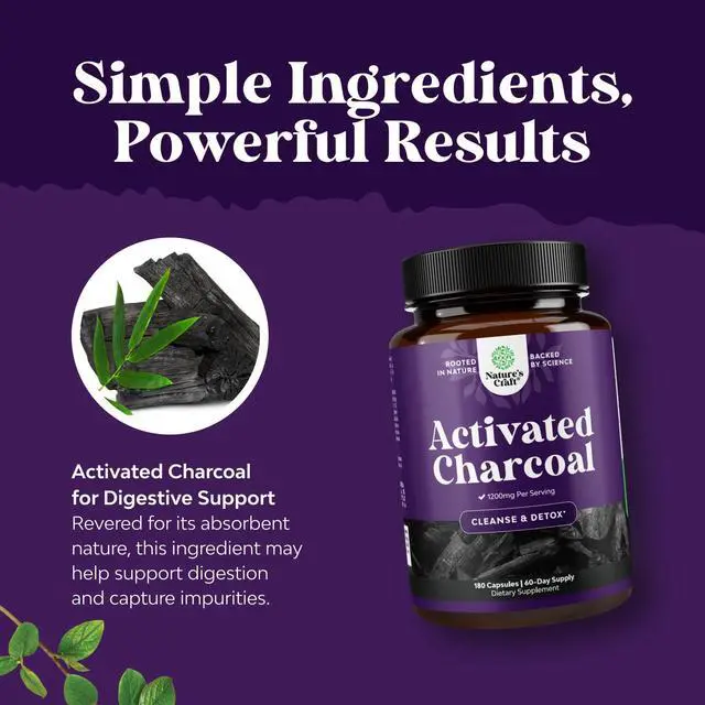 Alt view image 3 of 7 - Activated Charcoal Capsules 1200mg - Coconut Charcoal Pills Stomach - 180ct | Activated charcoal powder in capsules / tablets (carbon activado), 1200mg / serving - digestive comfort & healthy gut