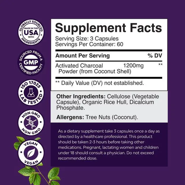 Alt view image 7 of 7 - Activated Charcoal Capsules 1200mg - Coconut Charcoal Pills Stomach - 180ct | Activated charcoal powder in capsules / tablets (carbon activado), 1200mg / serving - digestive comfort & healthy gut