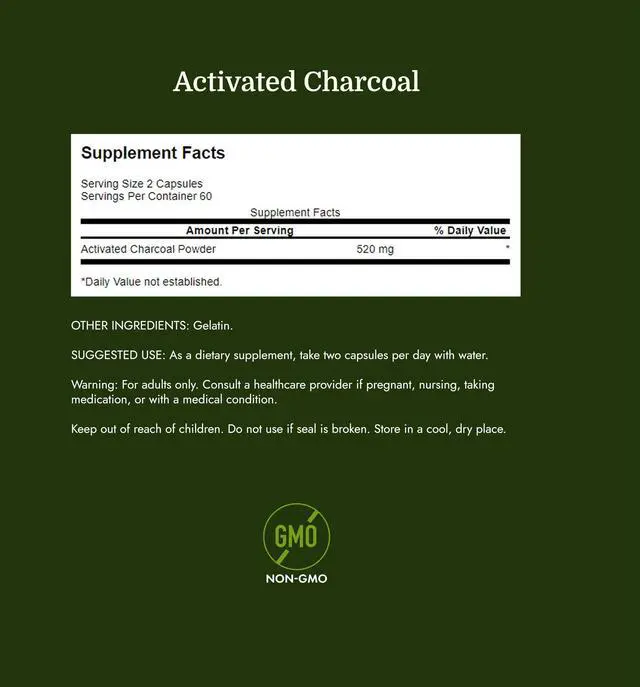 Alt view image 4 of 7 - Activated Charcoal Digestive Support, 260 mg, 120 Capsules | For Digestive-Comfort-Seeking Adults, 520 mg per Serving, Supports Occasional Gas, Bloating and Bowel Regularity