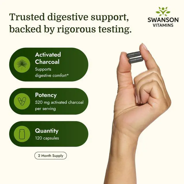 Alt view image 3 of 7 - Activated Charcoal Digestive Support, 260 mg, 120 Capsules | For Digestive-Comfort-Seeking Adults, 520 mg per Serving, Supports Occasional Gas, Bloating and Bowel Regularity