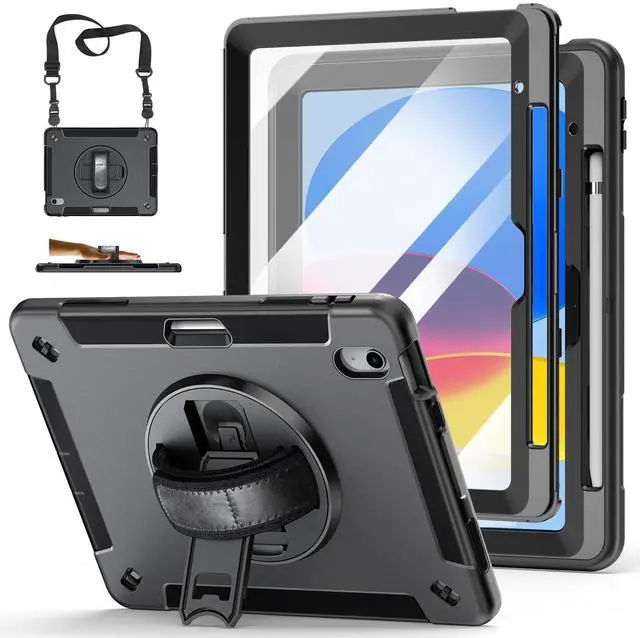 Main image of for iPad (A16) 11th/10th Generation Case 2025/2022 Black | Shockproof Protective TPU Cover with Rotatable Stand-Screen Protector-Handle- Shoulder strap- Pencil holder