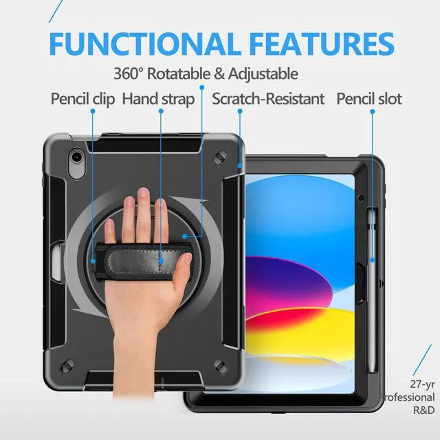 Alt view image 4 of 7 - for iPad (A16) 11th/10th Generation Case 2025/2022 Black | Shockproof Protective TPU Cover with Rotatable Stand-Screen Protector-Handle- Shoulder strap- Pencil holder