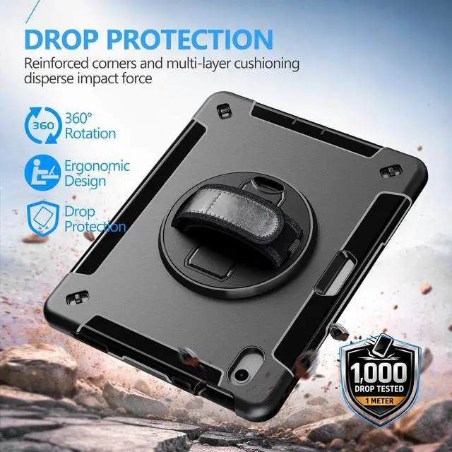 Alt view image 6 of 7 - for iPad (A16) 11th/10th Generation Case 2025/2022 Black | Shockproof Protective TPU Cover with Rotatable Stand-Screen Protector-Handle- Shoulder strap- Pencil holder