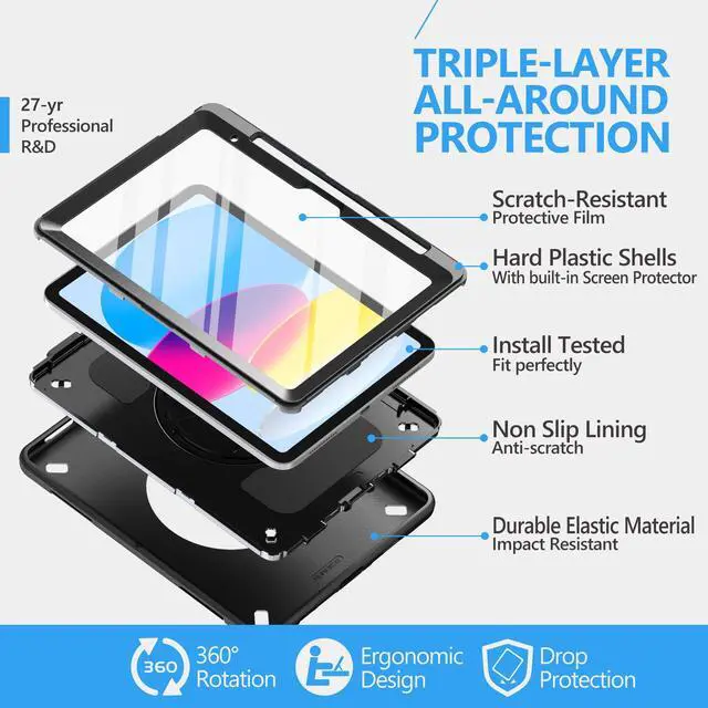 Alt view image 5 of 7 - for iPad (A16) 11th/10th Generation Case 2025/2022 Black | Shockproof Protective TPU Cover with Rotatable Stand-Screen Protector-Handle- Shoulder strap- Pencil holder